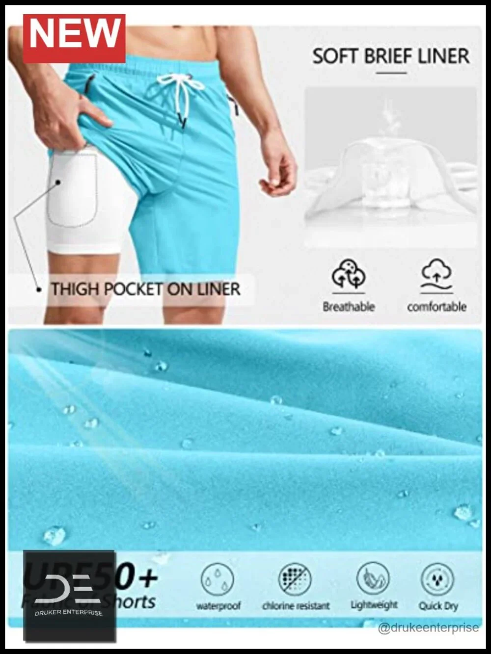 Men's Swim Trunks with Compression Liner Quick Dry Board Shorts Zipper Pockets